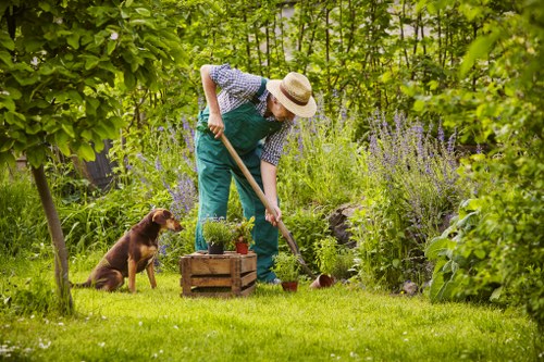 Urban gardening work in a shaded Covent Garden outdoor space